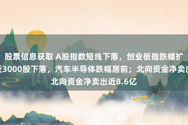 股票信息获取 A股指数短线下落，创业板指跌幅扩大至1%近3000股下落，汽车半导体跌幅居前；北向资金净卖出近8.6亿