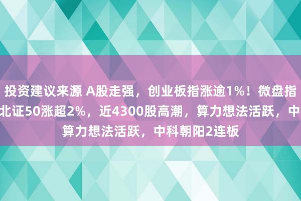 投资建议来源 A股走强，创业板指涨逾1%！微盘指数涨超2%，北证50涨超2%，近4300股高潮，算力想法活跃，中科朝阳2连板