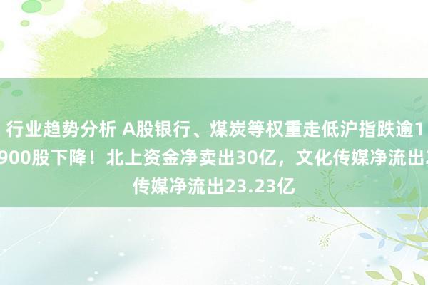 行业趋势分析 A股银行、煤炭等权重走低沪指跌逾1%，近1900股下降！北上资金净卖出30亿，文化传媒净流出23.23亿