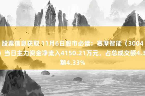 股票信息获取 11月6日股市必读：赛摩智能（300466）当日主力资金净流入4150.21万元，占总成交额4.33%