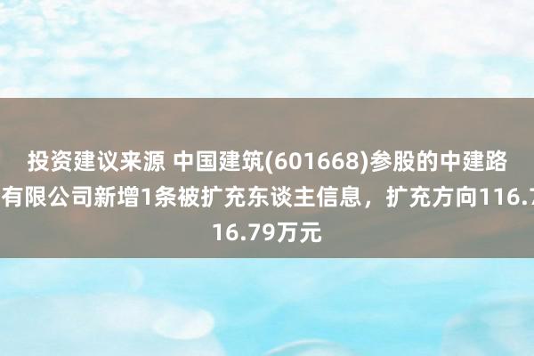 投资建议来源 中国建筑(601668)参股的中建路桥集团有限公司新增1条被扩充东谈主信息，扩充方向116.79万元