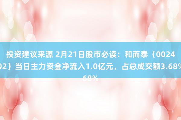 投资建议来源 2月21日股市必读：和而泰（002402）当日主力资金净流入1.0亿元，占总成交额3.68%